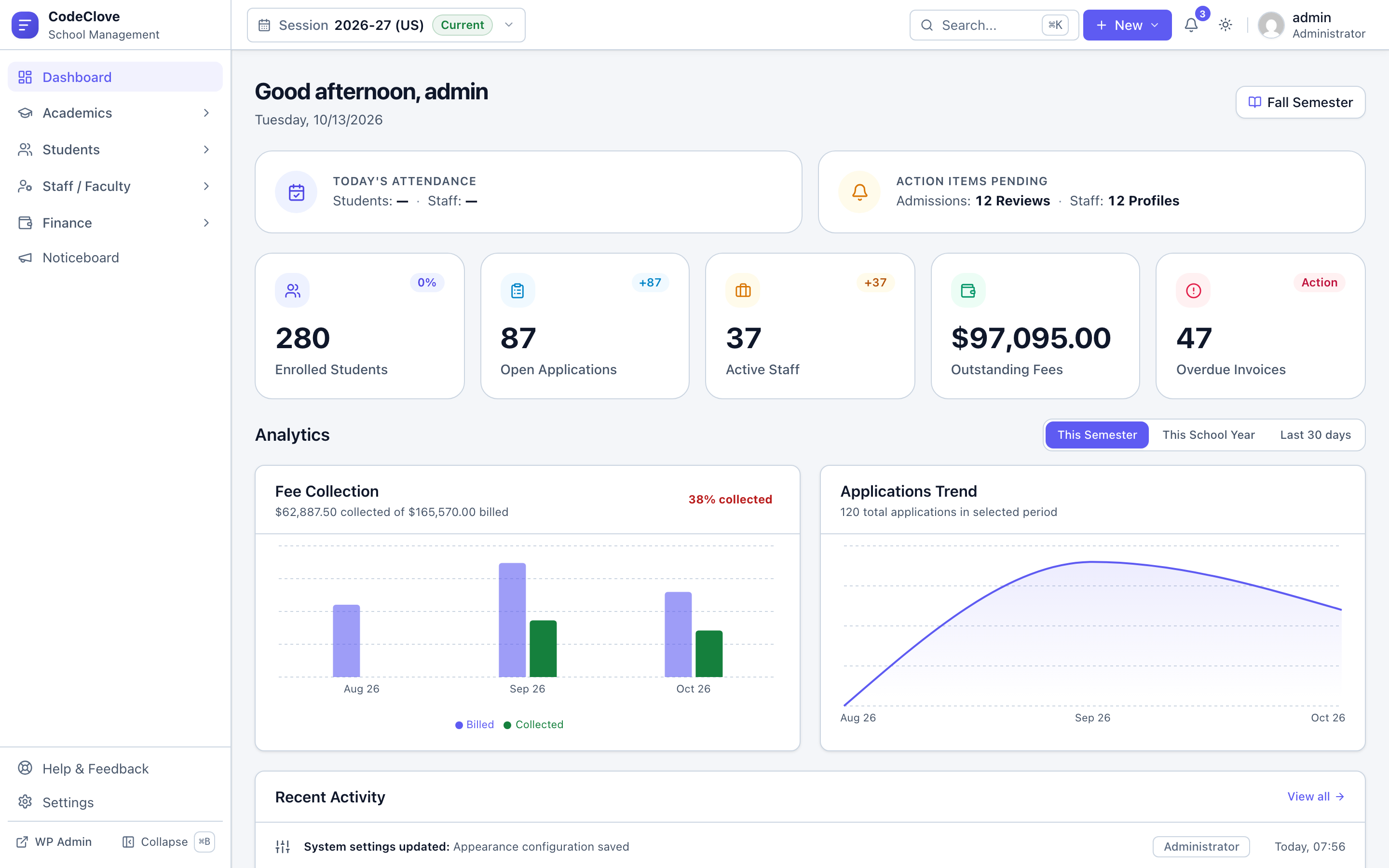 CodeClove School Management Pro dashboard overview