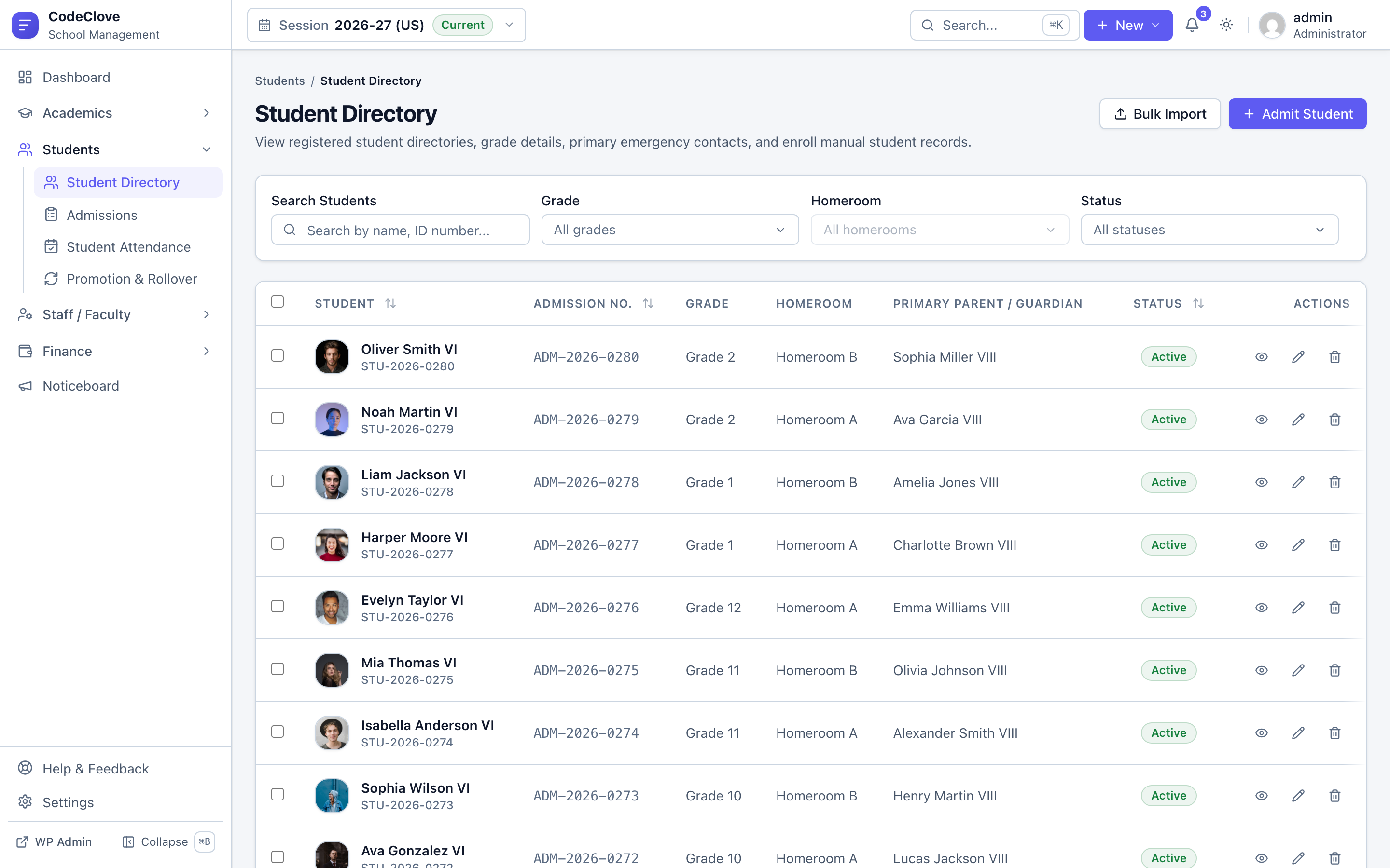 Centralized student directory in CodeClove School Management