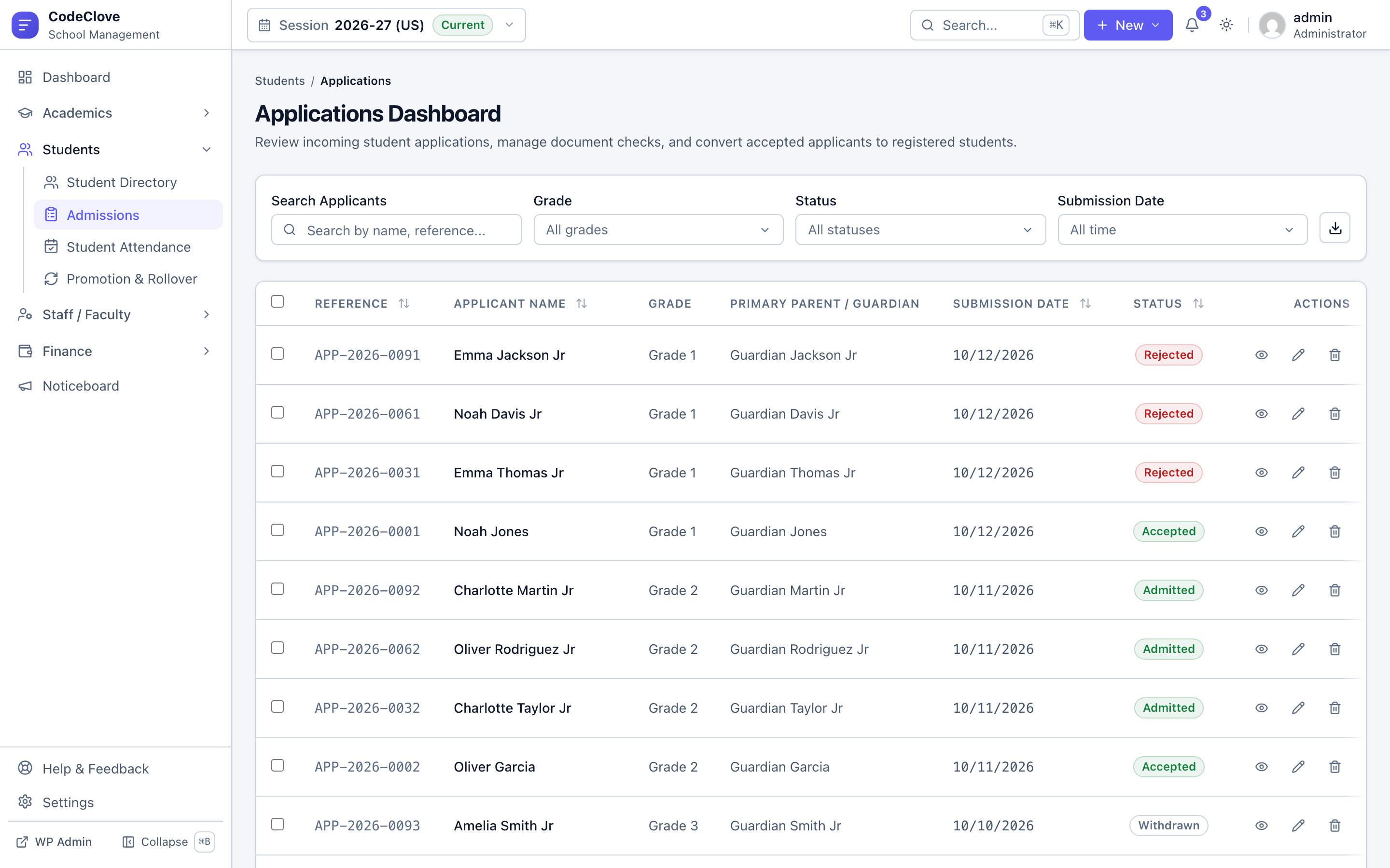 Student Directory and Admissions review in CodeClove School Management