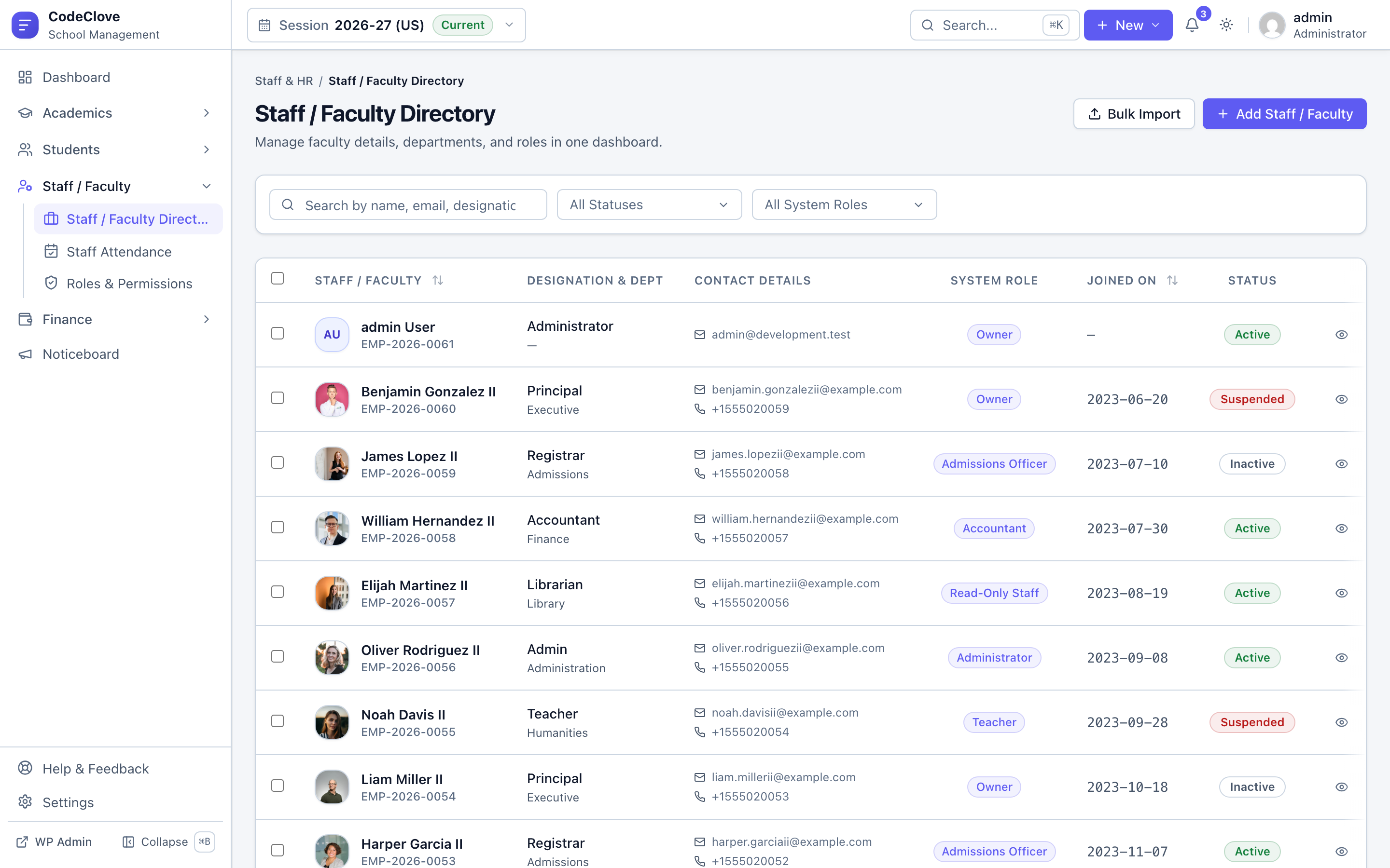 Faculty and staff directory in CodeClove School Management Pro