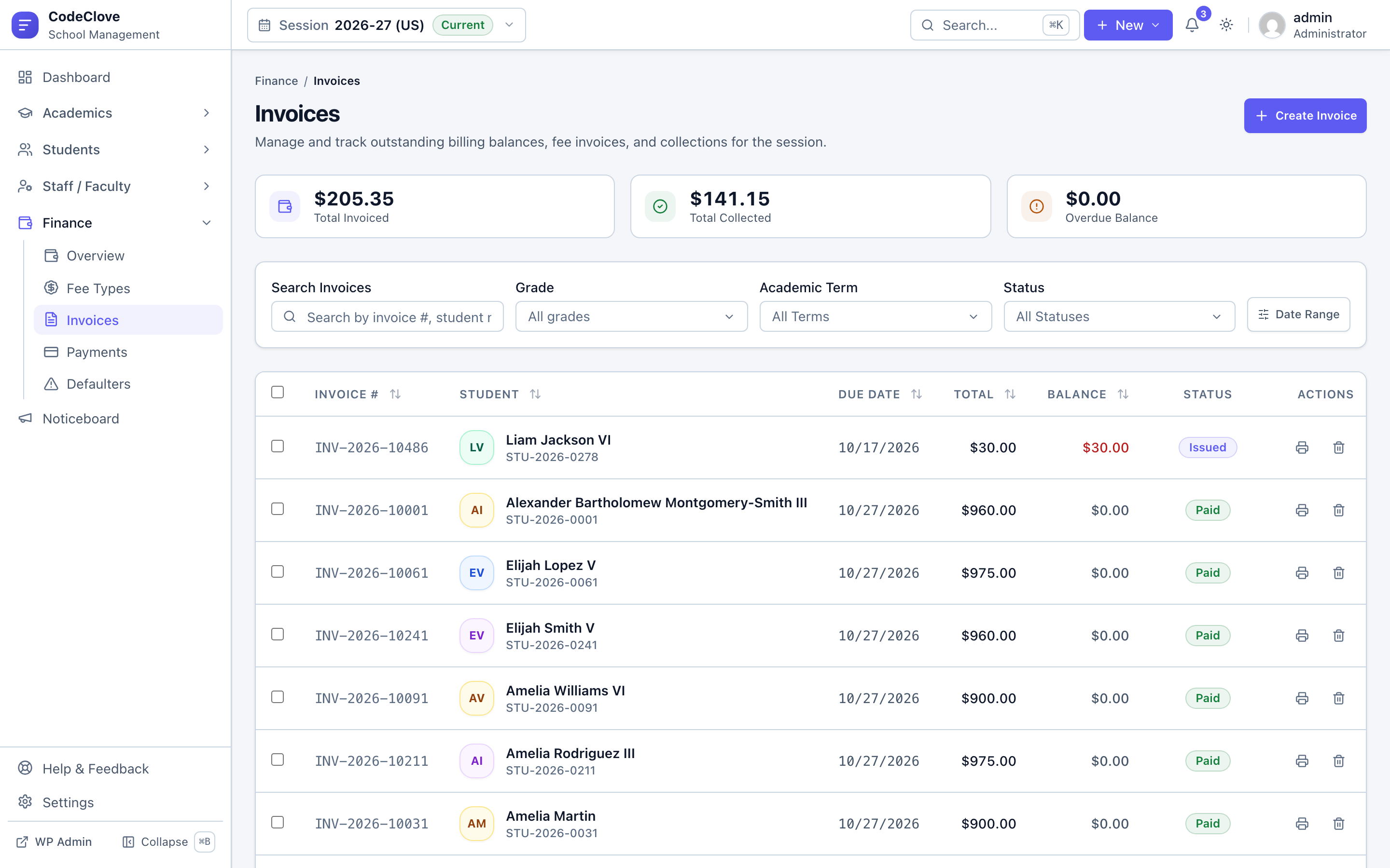 Fee structure and student invoice generation in CodeClove School Management