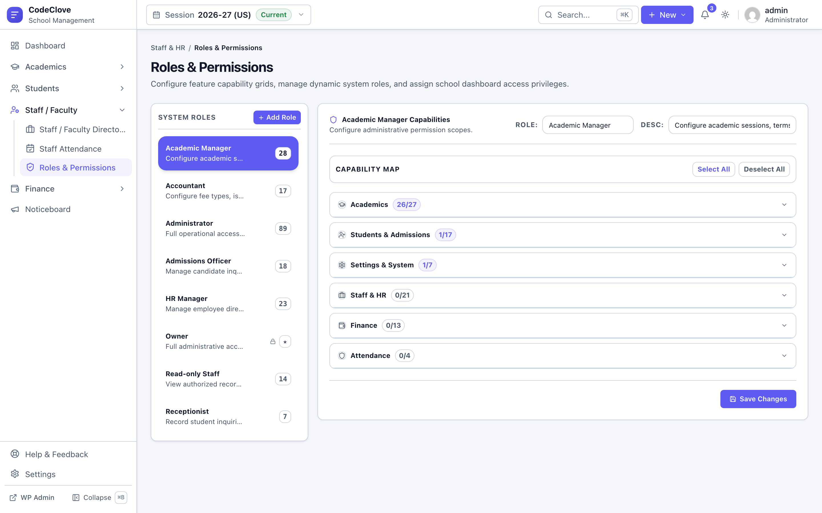 Role based access control matrix in CodeClove School Management