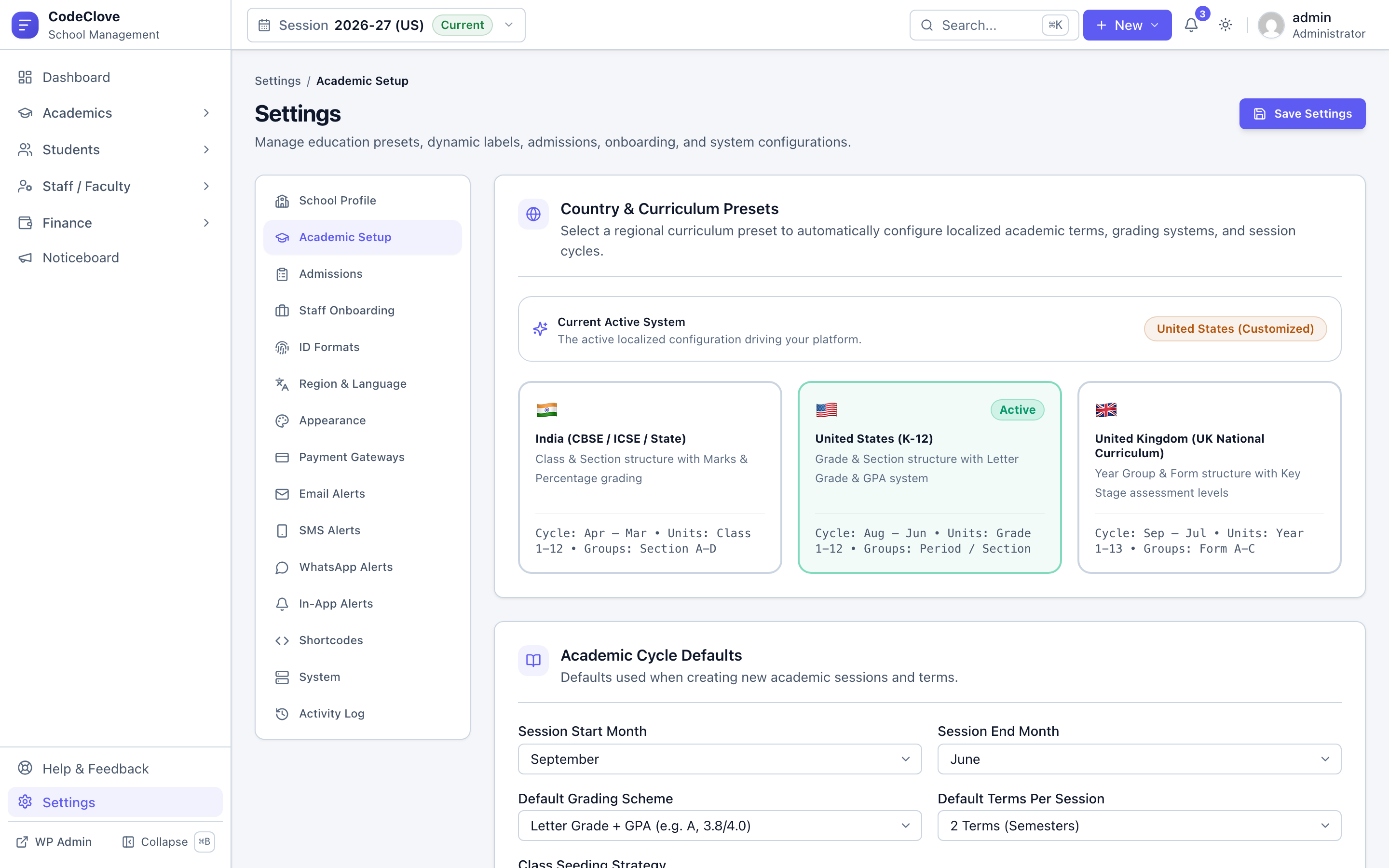 India country preset and configuration in CodeClove School Management