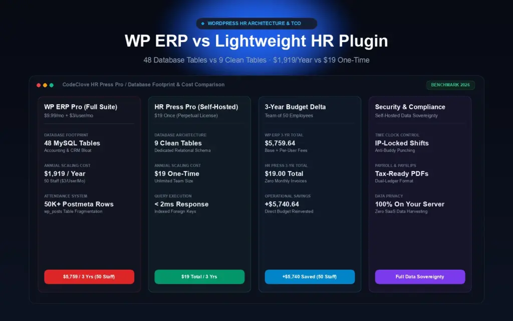 Comparison of WP ERP 48 database tables and per-user fees versus lightweight HR Press 9-table self-hosted architecture