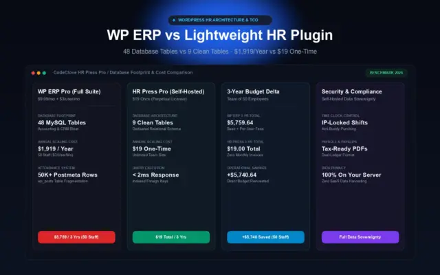 Comparison of WP ERP 48 database tables and per-user fees versus lightweight HR Press 9-table self-hosted architecture